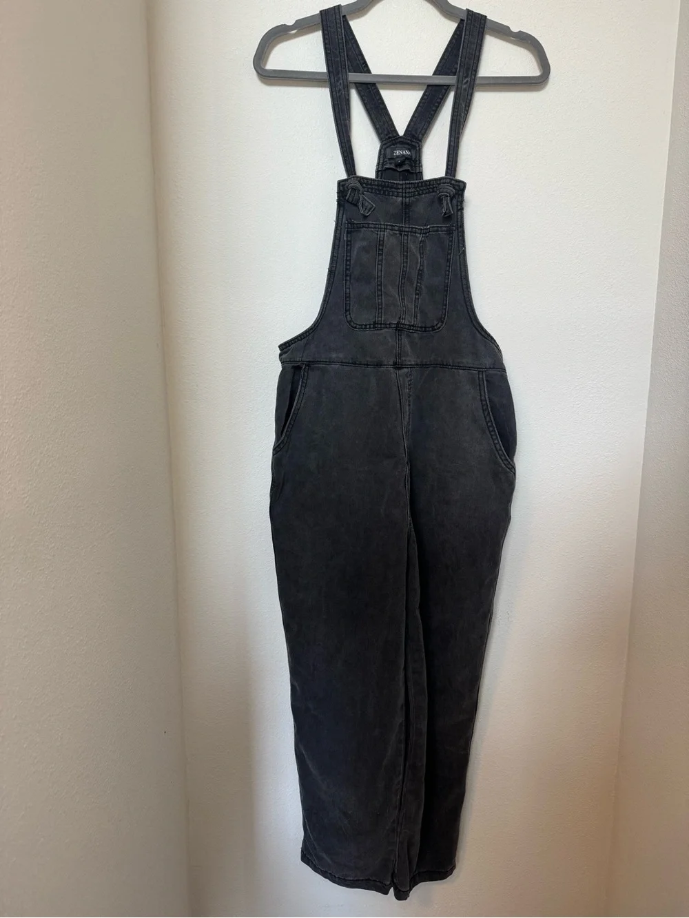 Zenana Washed Black Knot Strap Relaxed Fit Overalls NWT